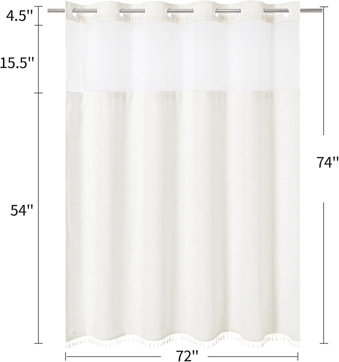 MitoVilla No Hooks Required Farmhouse Shower Curtain with Snap-in Liner - with Window & Magnets, Boho Cotton Linen Fabric Shower Curtains with Tassels for Rustic Bathroom Decor, Ivory, 72 x 74
