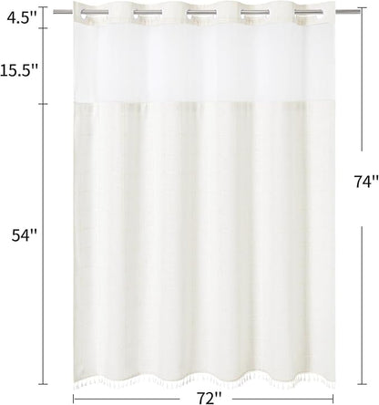 MitoVilla No Hooks Required Farmhouse Shower Curtain with Snap-in Liner - with Window & Magnets, Boho Cotton Linen Fabric Shower Curtains with Tassels for Rustic Bathroom Decor, Ivory, 72 x 74