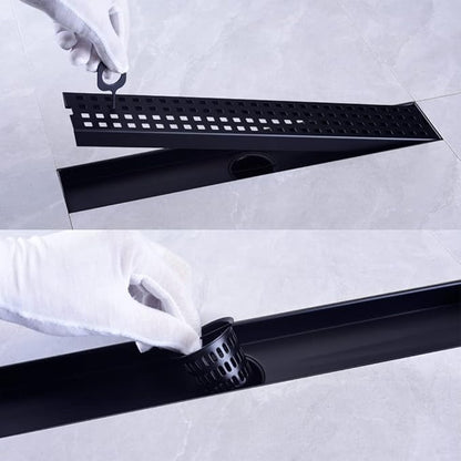 16 Inch Linear Bathroom Shower Rectangular Floor Drain,New Type with Removable Cover Grid Grate, Adjustable Leveling Feet Hair Strainer, SUS304 Stainless Steel,Black
