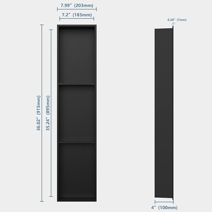 Homevacious 8" X 36" Stainless Steel Shower Niche No Tile Needed Matte Black 3 Tier Bathroom Shelf Rimless Recessed Wall Niche for Bathroom Storage