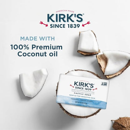 Kirk's Castile Bar Soap for Men, Women & Children - Made With Premium Coconut Oil, Sensitive Skin Formula, Vegan, Non GMO, Original Fresh Scent, 4 oz. Bars, 6 Pack
