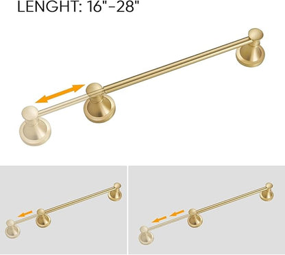 BESy Adjustable 16 to 26 Inch Bath Towel Bar Rack for Bathroom Towel Holder, Wall Mounted Towel Bar Rod Hanger Bathroom Hardware Accessories Hotel Style, Stainless Steel, Brushed Gold