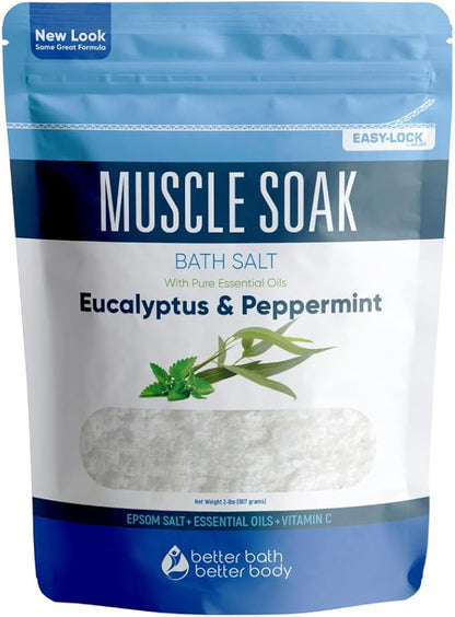 Muscle Soak Bath Salt 32 Ounces Epsom Salt with Natural Peppermint and Eucalyptus Essential Oils Plus Vitamin C in BPA Free Pouch with Easy Press-Lock Seal