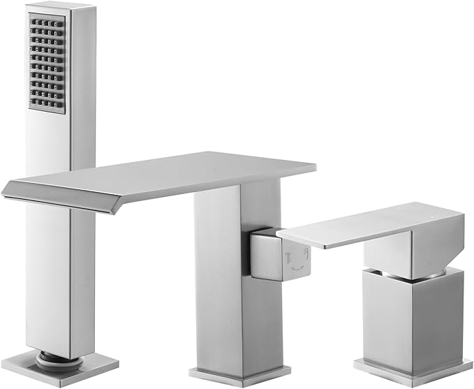 VEVOR Roman Tub Faucet, 3 Hole Waterfall Bathtub Faucet, Roman Bathtub Faucets Set with Shower Head & 1 Handle, Deck Mount Bath Tub Faucets Set for Adult Bathing, Brushed Stainless Steel, Drip-Free