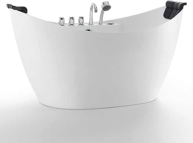 Empava 59" x 28" Freestanding Whirlpool Tub with Center Drain,560W Stand Alone Bathtub with 8 Hydromassage Jets, Unique Boat-Shaped,Acrylic,ETL Certified
