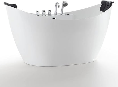 Empava 59" x 28" Freestanding Whirlpool Tub with Center Drain,560W Stand Alone Bathtub with 8 Hydromassage Jets, Unique Boat-Shaped,Acrylic,ETL Certified