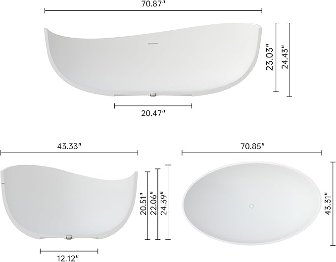 71" Premium Solid Surface Freestanding Bathtub, Unique Oval Stone Resin Tub with Overflow and Pop-up Drain, Matte White