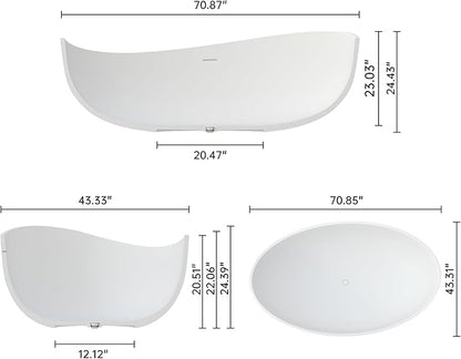 71" Premium Solid Surface Freestanding Bathtub, Unique Oval Stone Resin Tub with Overflow and Pop-up Drain, Matte White