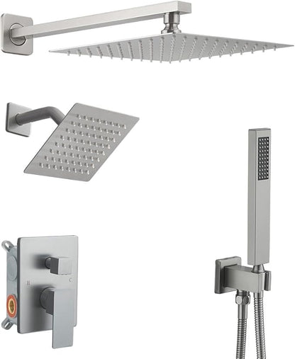 Shower Faucet Set Brushed Nickel Shower System, Knob Switch Diverter Shower Faucet with High Pressure Handheld Spray, Wall Mount 10 Inch Shower Head with 6 Inch Wall Mount Shower Head