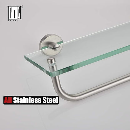 JQK Bathroom Glass Shelf, Shelf with 29 Inch Towel Bar Tempered Glass Shower Storage 30 by 5 inches, 304 Stainless Steel Brushed Finish Wall Mount, TGS100L30-BN