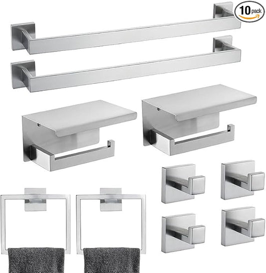 10 Pack Brushed Finish Bathroom Hardware Set - SUS304 Stainless Steel Wall-Mounted Towel Bar, Holder & Racks, 23.6 Inch