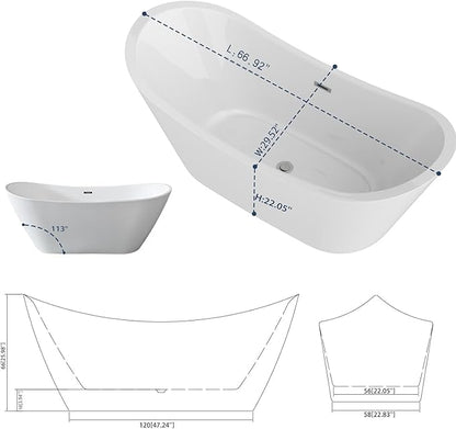 Sarlai 67 Inch Acrylic Freestanding Soaking Bathtub Contemporary Soaking White Tub Stand Alone Ergonomic Bathtub with Chrome Drain and Overflow