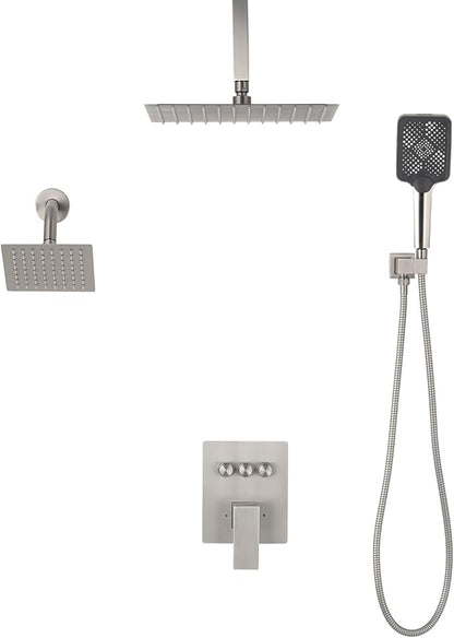 VEVOR Shower Faucet Set, 12 Inch Ceiling Mount Rainfall Shower System with 6 Inch Wall Mount Head and 4 in 1 Handheld Spray, Rotatable 3-Function Dual Rain Head Brass Valve & Trim Kit, Brushed Nickel