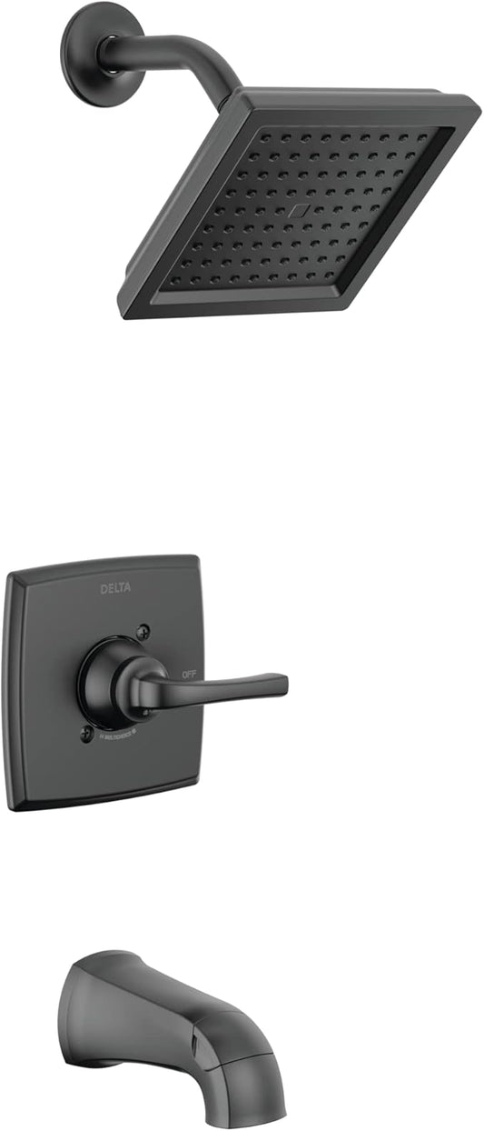 Delta Geist 14 Series Square Bathtub and Shower Faucet Set, Matte Black Shower Head and Handle Set, Valve Trim Kit, Matte Black 144864-BL (Valve Included)