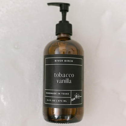 River Birch Tobacco Vanilla Scented Natural Hand Soap - Handmade Soap - Moisturizing Hand Wash with Amber Glass Dispenser - Luxury Scented Hydrating Hand Soap - Vegan and Non-Toxic - 16 Fl Oz