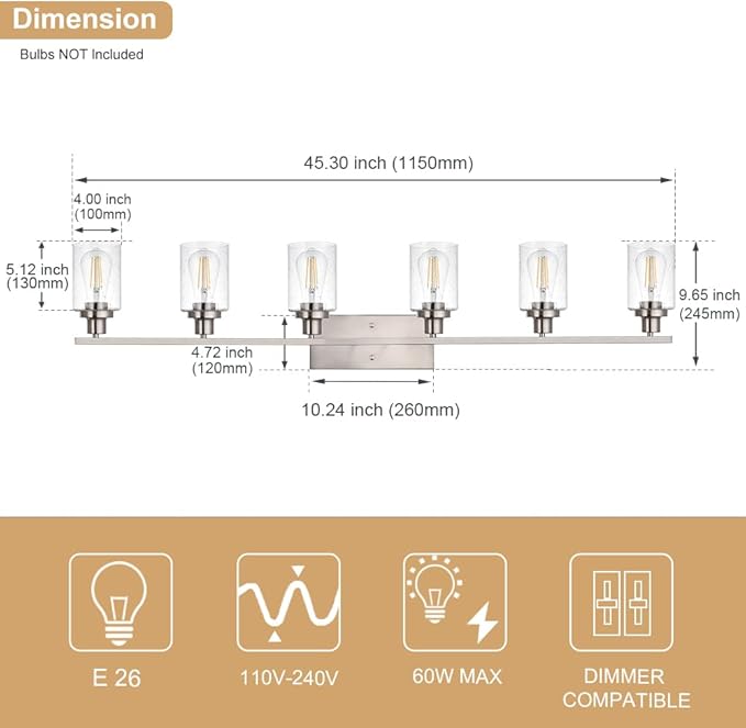 6-Lights Bathroom Vanity Light Fixtures with Seeded Glass Lampshades, 45.3-Inches Length Modern Brushed Nickel Wall Light Fixture for Kitchen Bathroom Lighting