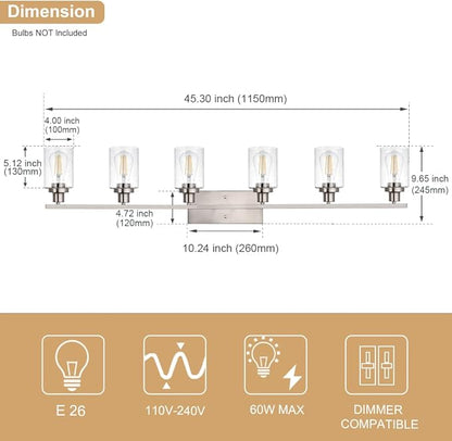 6-Lights Bathroom Vanity Light Fixtures with Seeded Glass Lampshades, 45.3-Inches Length Modern Brushed Nickel Wall Light Fixture for Kitchen Bathroom Lighting