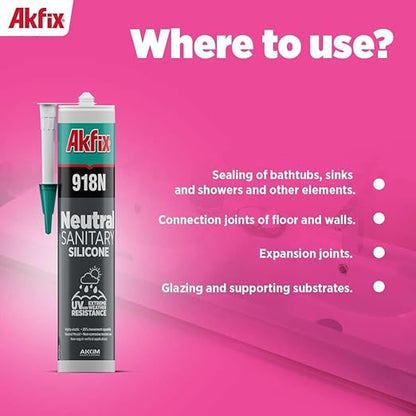 Akfix 918N White 100% Silicone Caulk for Kitchen and Bathroom (1x10.5 fl.oz.) - Solvent-Free, Low Odor, UV & Water Resistant, Fast Curing, Paintable, High Elasticity Silicone Sealant | White, 1 Pack