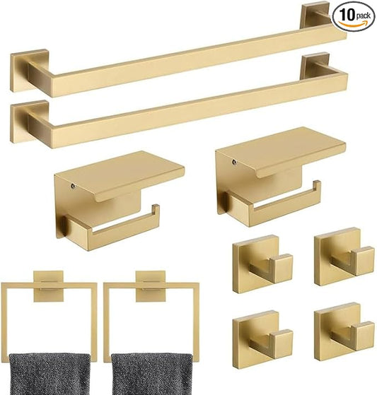 10 Pack Brushed Gold Bathroom Hardware Set - SUS304 Stainless Steel Wall-Mounted Towel Bar, Holder & Racks, 23.6 Inch