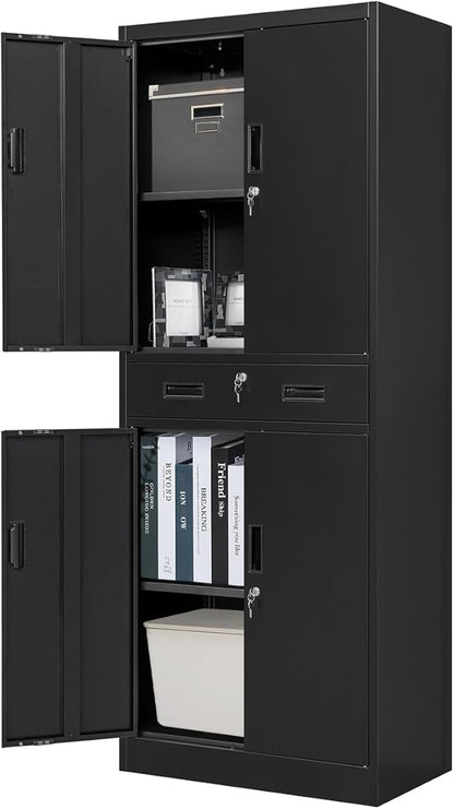 Metal Storage Cabinet, 71 Inch Tall Metal Storage Cabinet with Doors and Shelves, Pantry Cabinets with Drawer for Kitchen Storage, Garage Cabinet for Living, Dining Room, Assemble Required.