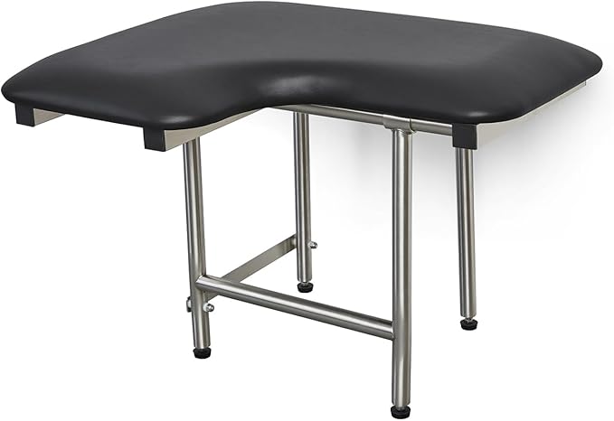 28" x 22.5" Black Padded Wall Mount Folding Right-Handed Transfer Bench Shower Seat with Legs, ADA Compliant