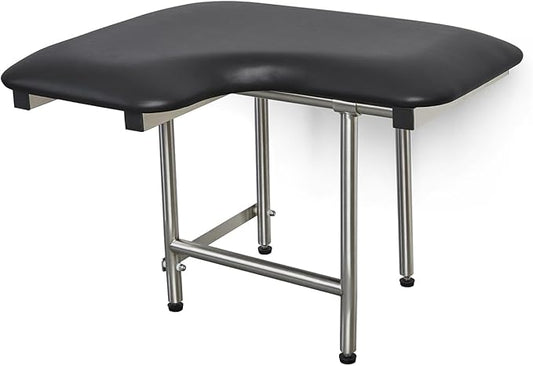 32" x 22.5" Black Padded Wall Mount Folding Right-Handed Transfer Bench Shower Seat with Legs, ADA Compliant