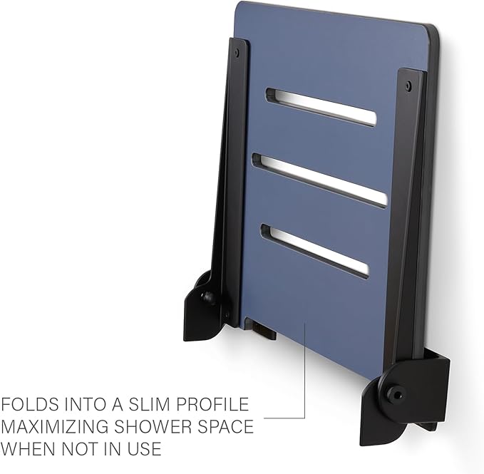 18 inch Silhouette Slimline Folding Wall Mount Shower Bench Seat, Navy Seat with Matte Black Frame