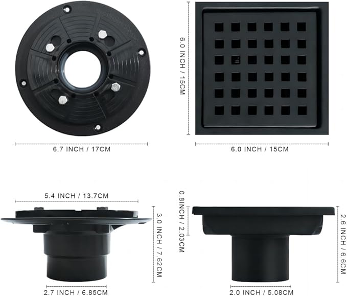 6 Inch Square Shower Floor Drain, Stainless Steel Flange with Removable Grid Cover Hair Strainer, Black