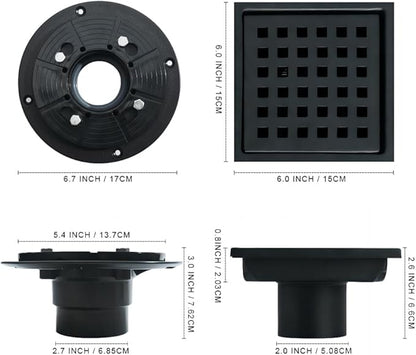 6 Inch Square Shower Floor Drain, Stainless Steel Flange with Removable Grid Cover Hair Strainer, Black