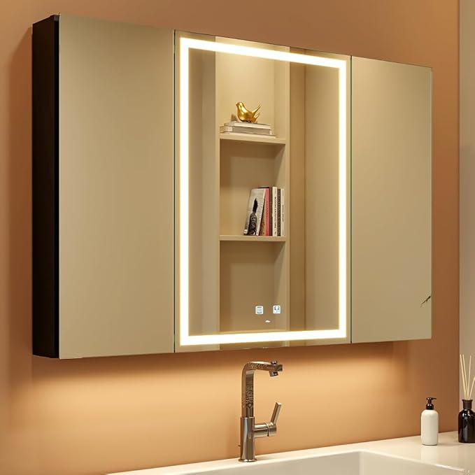 KWW LED Lighted Bathroom Medicine Cabinet with Sockets & USBs, Defogger, Dimmable, 3 Color Light Makeup Mirror, Easy to Install, Wall Mounted Cabinet (3 door-40 * 28)