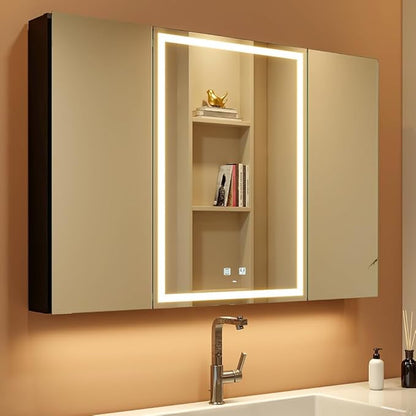 KWW LED Lighted Bathroom Medicine Cabinet with Sockets & USBs, Defogger, Dimmable, 3 Color Light Makeup Mirror, Easy to Install, Wall Mounted Cabinet (3 door-40 * 28)