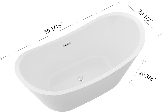 Logmey 59 Inch Freestanding Bathtub White Acrylic Oval Shape Soaking Tub with Chrome Drain & Overflow Assembly for Classic and Modern Bathrooms