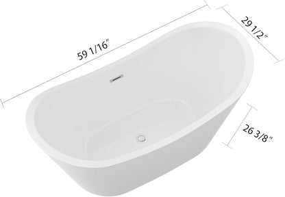 Logmey 59 Inch Freestanding Bathtub White Acrylic Oval Shape Soaking Tub with Chrome Drain & Overflow Assembly for Classic and Modern Bathrooms