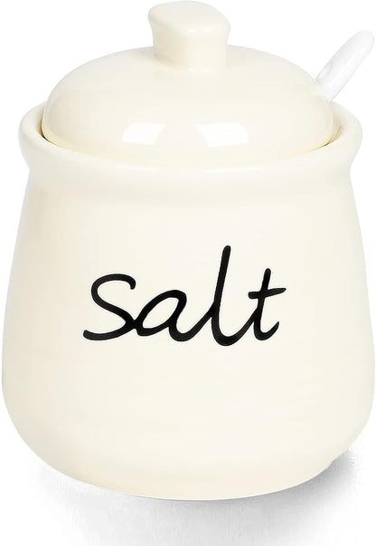 ONTUBE Ceramic Salt Bowl with Lid and Spoon 12oz (Beige)
