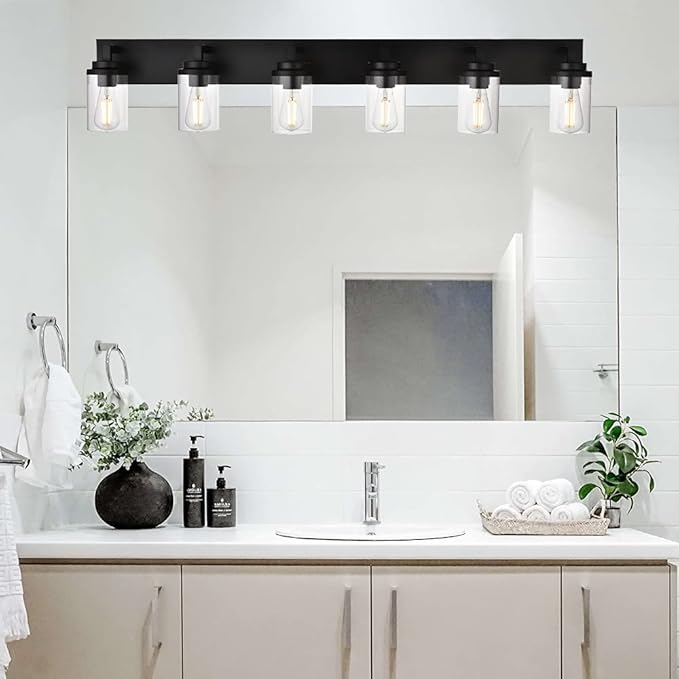 MELUCEE Black Vanity Lights with Clear Glass Shade, 6-Light Modern Bathroom Lighting Fixtures Over Mirror Industrial Wall Mount Light Fixture for Powder Room Kitchen Living Room