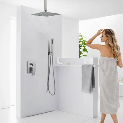 16 Inch Brushed Nickel Ceiling Mount Shower System Bathroom Luxury Rain Mixer Shower Combo Set Ceiling Rainfall Shower Head System Faucet Contain Rough-in Valve and Trim Included