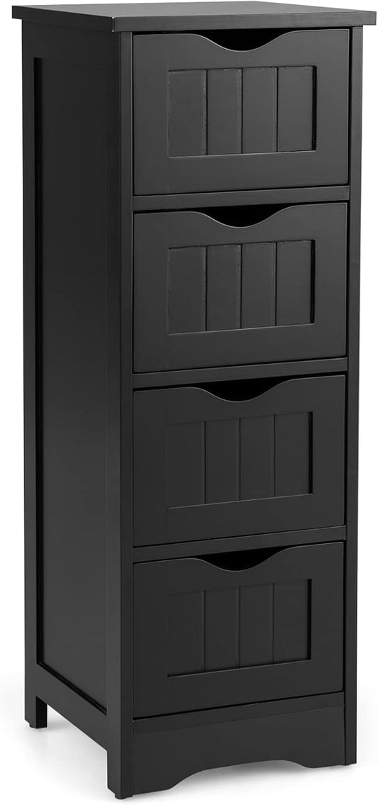 Tangkula Bathroom Floor Cabinet, Freestanding Narrow Side Storage Organizer with 4 Drawers, Multifunctional Towel Cabinet with Anti-Tip Kit for Living Room Laundry Entryway (4 Drawers, Black)