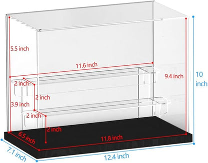 Choowin 3 Tier Clear Acrylic Display Case for Collectibles, Mini Figures, Pop Mart, Labubu, Sonny Angel, Smiski - Assemble Dustproof Acrylic Display Box with Door, Stand (Black Base, Clear Step)