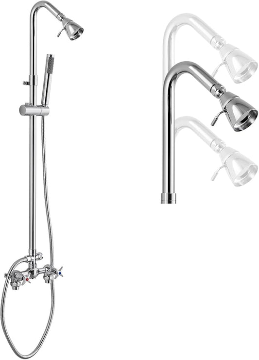 Polish Chrome Wall Mount Outdoor Shower Kit with Hand Held Sprayer Double Cross Handles with Adjustable Slide Bar Dual Function Exposed Shower Faucet System