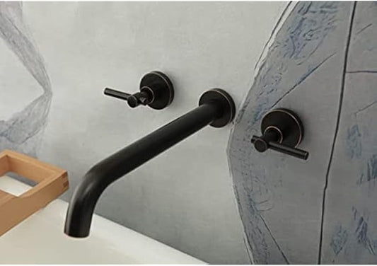 Wall Mount Tub Filler，Two Handle Bathtub Faucet, Extra Long Spout Reach with High Water Flow, Brass Rough in Valve Included, Oil Rubbed Bronze