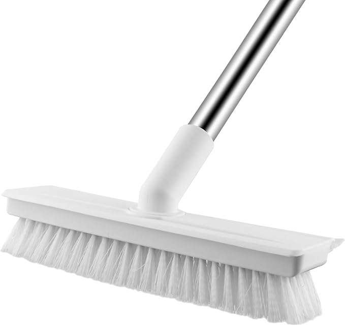 Floor Scrub Brush with Long Handle, 2 in 1 Scrape Brush Stiff Bristle Floor Scrubber for Cleaning Shower Bathroom Garage Kitchen Wall Deck Tub Tile (White, 1 Pack)