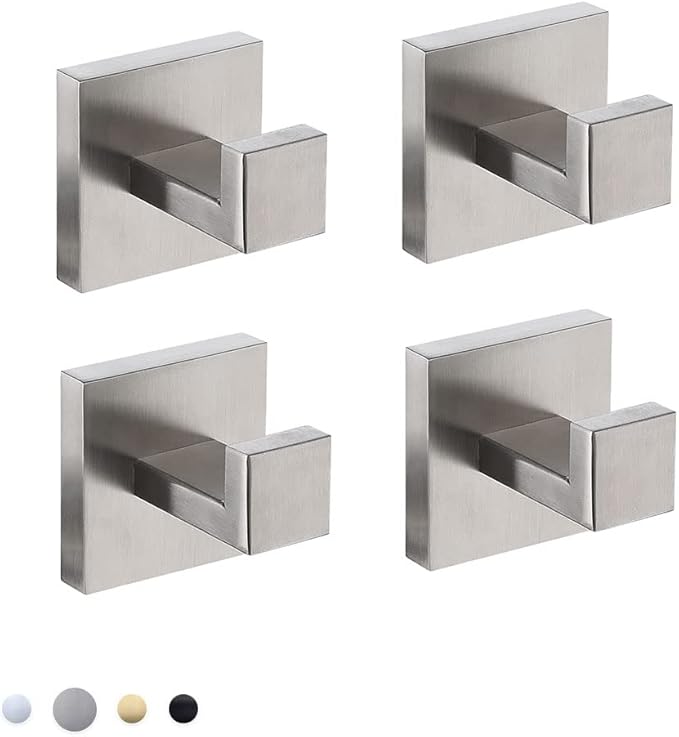 Bathroom Towel Hook 4 Pack, for Kitchen, Bedroom, Hotel - Modern Design Effortless Mounting Towel Hangers, Brushed Finish