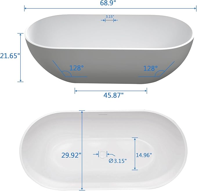 69'' Freestanding Tubs Bathtub Solid Surface Resin Stone Bathtubs soaker Tubs Oval Shaped Matte Luxury Modern Soaking Tub with Overflow and Pop-up Drain - White…