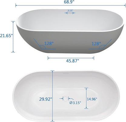 69'' Freestanding Tubs Bathtub Solid Surface Resin Stone Bathtubs soaker Tubs Oval Shaped Matte Luxury Modern Soaking Tub with Overflow and Pop-up Drain - White…