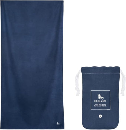 Dock & Bay Beach Towel - Quick Dry, Sand Free - Compact, Lightweight - 100% Recycled - Includes Bag - Essential - Deep Sea Navy, Extra Large (200x90cm, 78x35)