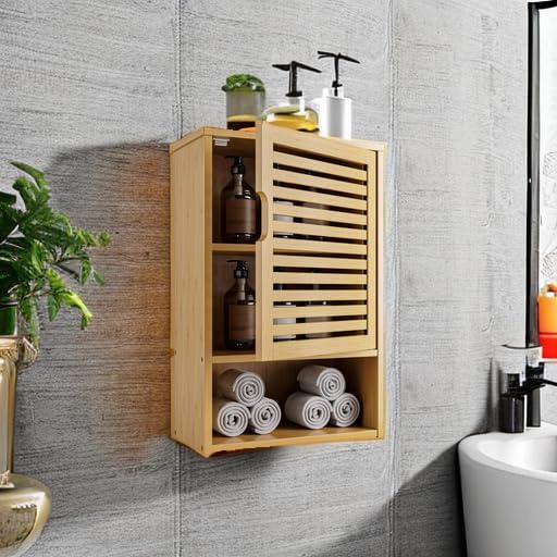 HITNET Bathroom Wall Cabinet, Medicine Cabinet Over The Toilet, Bamboo Hanging Storage Organizer with Single Door and Open Bottom Shelf, for Kitchen Living Room, Natural