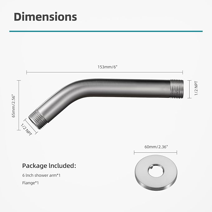 Cobbe Shower Arm with Flange and Teflon Tape, 6-Inches Wall Mounted Shower Pipe Arm 304 Stainless Steel Extension for Fixed Shower Head, Brushed Nickel
