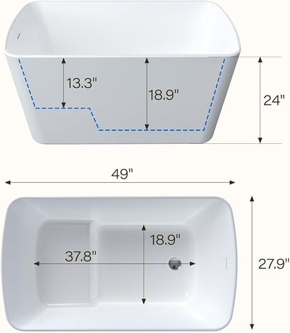 49" Free Standing Tub, Acrylic Soaking Bathtub, Stand Alone Freestanding Tub with Matte Sliver Drain and Overflow, Contemporary Bathtub for Bathroom, White