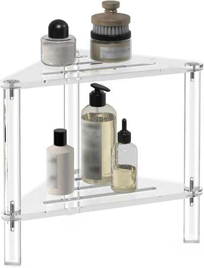 Corner Shower Caddy, 2 Tier Acrylic Bathroom Corner Shelf Clear Standing Shower Shelves Countertop Floor Rack Stand for Kitchen Bathroom