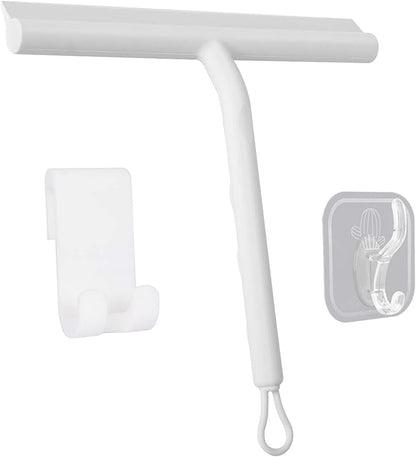 Squeegee for Shower Glass Doors, Resilient Loop - No-Drill & Adhesive Hook, Silicone Shower Squeegee with Stainless Steel Core, Cleaning Tool for Home, Kitchen, Bathroom & Car - White